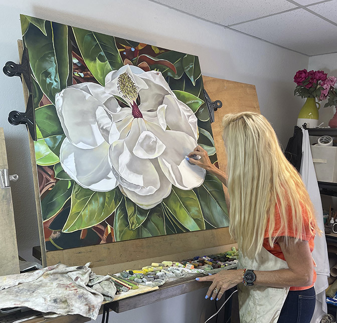 Deb Shea at work in her studio at Art Bias in San Carlos, California.
